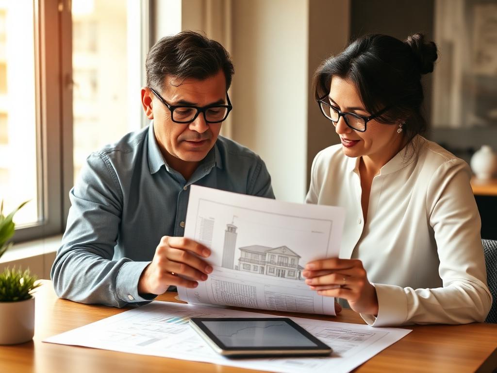 Pareja de inversionistas revisando planos y rendimientos de una propiedad