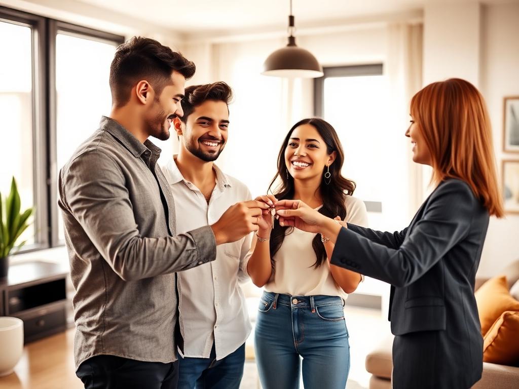 Pareja de recién casados recibiendo las llaves de su nuevo departamento