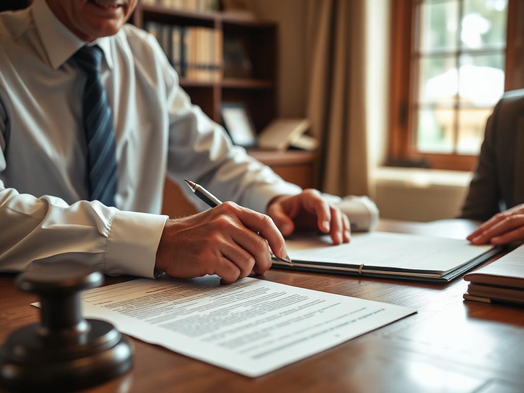 Abogado revisando escrituras y contratos con un cliente